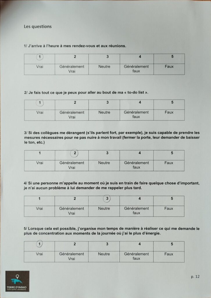 Test sur mes habitudes de travail
Stage à Terre d'immo