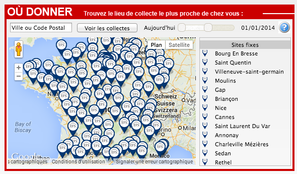 Carte des lieux ou on peut faire un don du sang en France
Etablissement Français du Sang